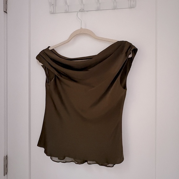 NWT Ralph Lauren Satin Charmeuse Off-the-Shoulder Blouse Botanic Green XSP - Picture 7 of 7